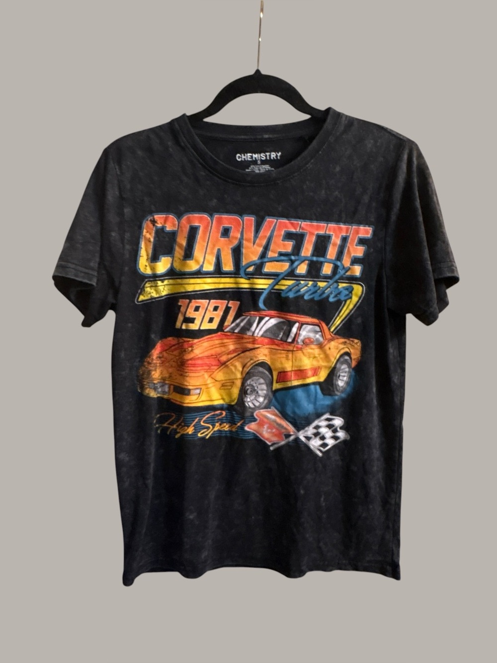 Corvette 1981 C3 T Shirt Small Chemistry GM Licensed Black Acid Wash Graphic